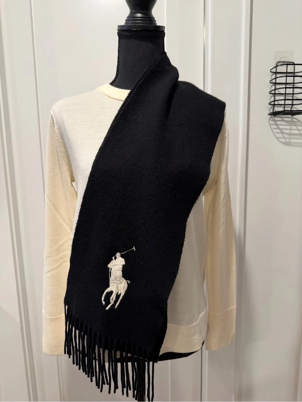 Ralph Lauren Cashmere Lambswool Big Pony Scarf Black NWOT $295